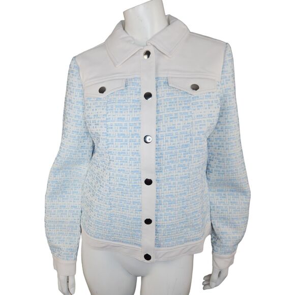 dennis basso Jackets & Blazers - Dennis Basso Mixed Media Faux Leather and Tweed Jacket Light Blue Size 2‎